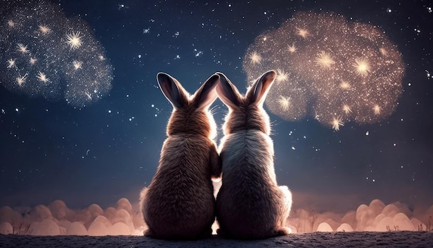 Two cute rabbits gaze at the colorful fireworks lighting up the sky in wonder Generative AI