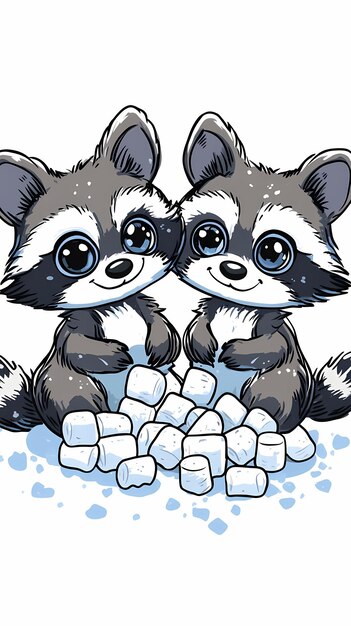 Photo two cute raccoons sitting with marshmallows showcasing a playful and whimsical design