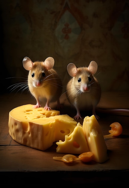 Two cute rats and cheese on a wooden table Dark background