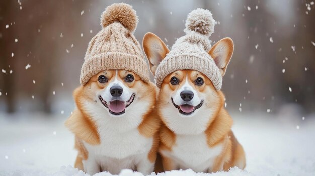 Two Cute Red Corgi Dogs Sitting Together