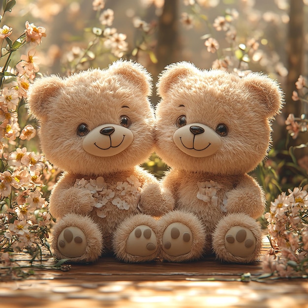 Photo two cute teddies sitting together in pixar style cgi cloud some flowers for kids happy cute ad