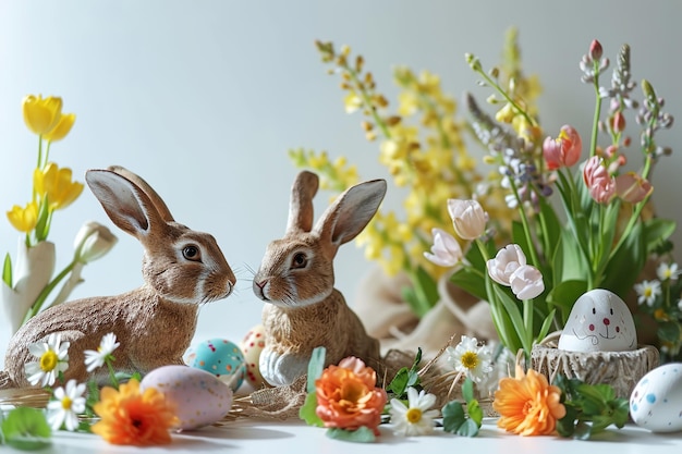 two cute tiny bunny rabbits delicate flowers dreamy style ethereal light eggs easter on blue