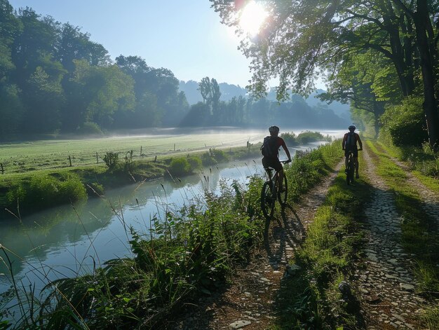 Photo two cyclists on a path by a river in the morning mist