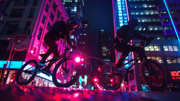 Photo two cyclists ride through neon city at night