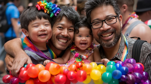 Photo two dads and their children participating in a pride parade pushing a stroller decorated with rainbow colors and balloons