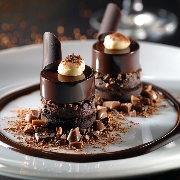 Photo two decadent chocolate desserts with a creamy topping surrounded by chocolate shavings and sauce