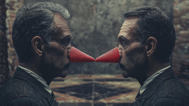 Photo two deceitful politicians face off with exaggerated pinocchio noses