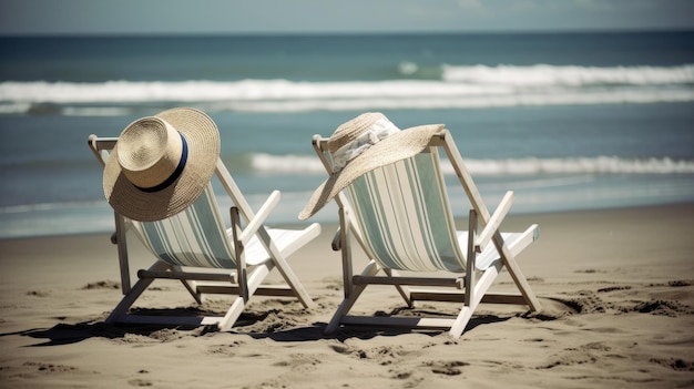 Two deck chairs and hat relaxing on the beach sunny Generative ai