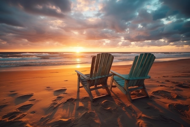 Two deck chairs silhouetted at sunset beach beautiful sunrise image