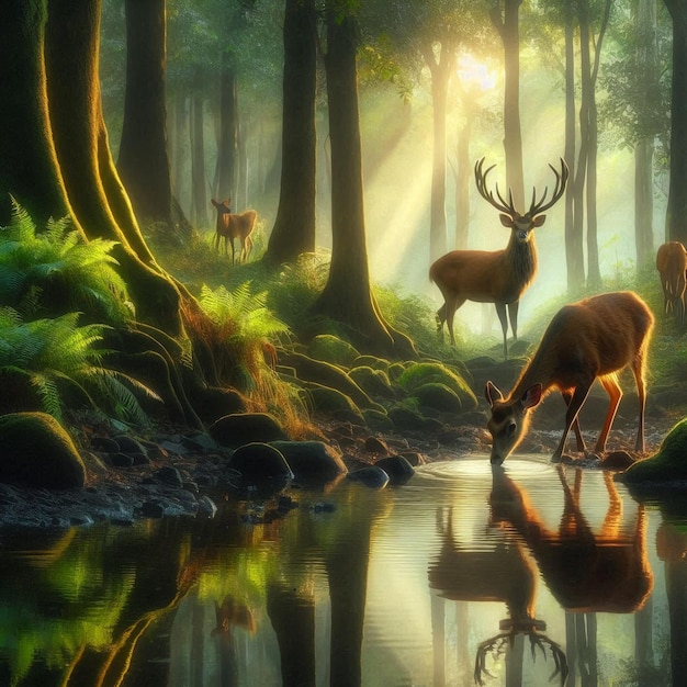 Two deer by a water body in a forest with one deer drinking water