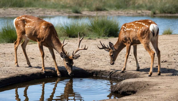 Two deer drinking from a calm water pool in a tranquil forest setting