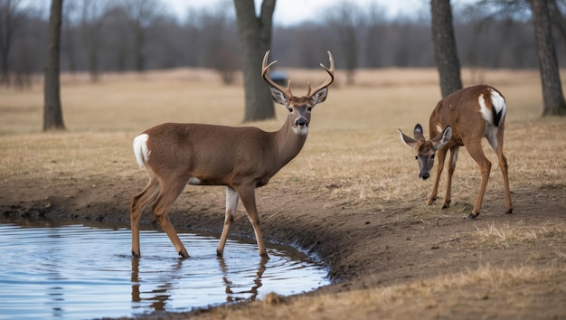 Two deer drinking from a calm water pool in a tranquil forest setting