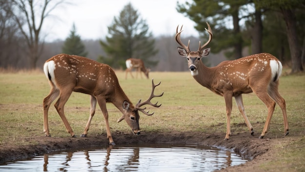 Two deer drinking from a calm water pool in a tranquil forest setting