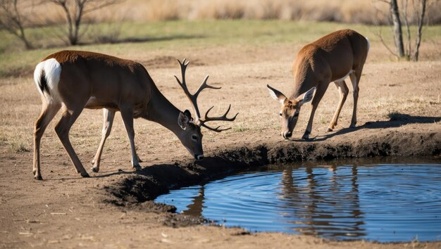 Two deer drinking from a calm water pool in a tranquil forest setting