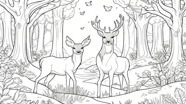 Photo two deer in a forest with butterflies and trees