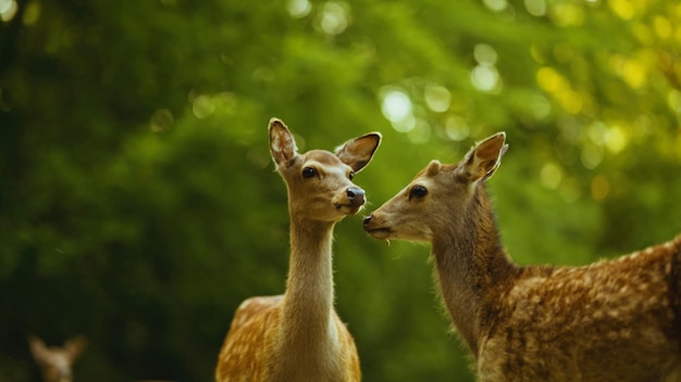 Two deer in a forest with green leaves