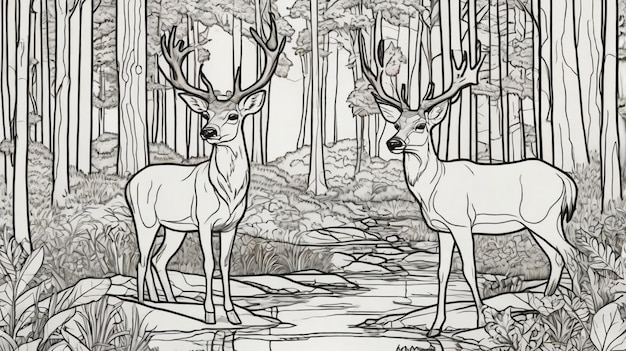 two deer in a forest with trees in the background coloring page