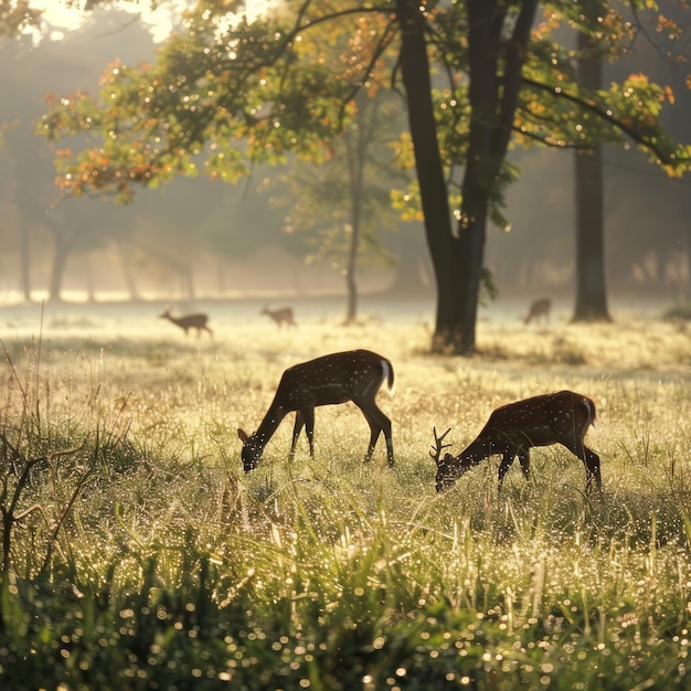 Photo two deer graze in a dewy meadow at sunrise sunlight filtering through trees