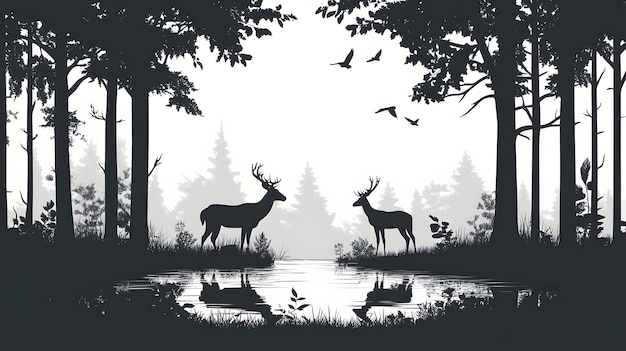 Photo two deer silhouettes by a forest lake