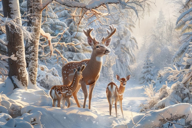 Two deer standing on snowy forest background Suitable for winterthemed designs