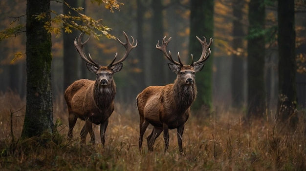 two deer in the woods with fall foliage in the background