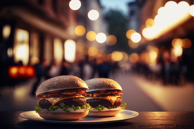 Two delicious burgers of beef cheese and vegetables on wooden table of a street cafe Tasty food closeup Generative AI illustration