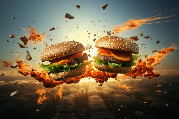 Two delicious hamburgers collide creating a spectacular midair explosion of ketchup