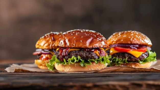 Two delicious hamburgers with beef patty and vegetables on a wooden table