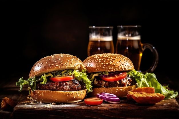 Two delicious homemade burgers of beef cheese and vegetables on an old wooden table