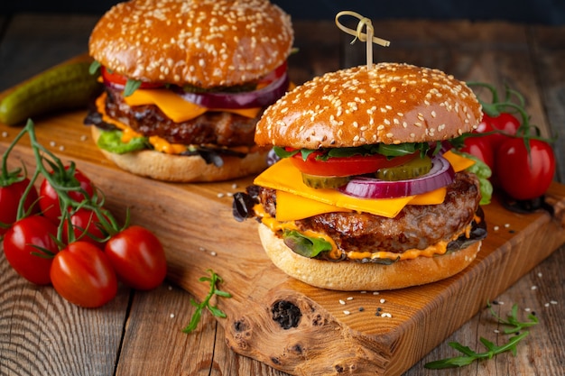 Two delicious homemade burgers of beef