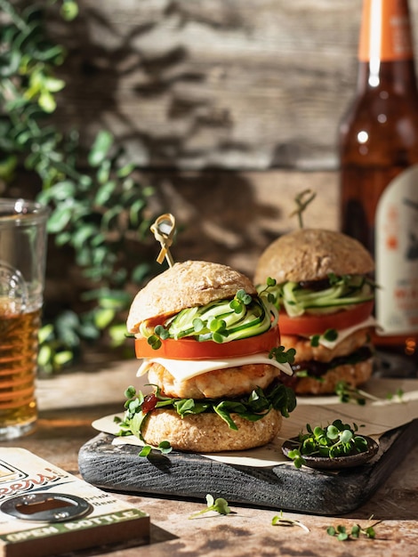 Two delicious homemade burgers with beer on wooden board at greenery background