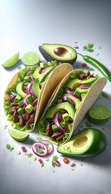 Two delicious tacos with beef avocado lime and fresh vegetables on a white background