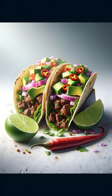 Two delicious tacos with beef avocado lime and fresh vegetables on a white background