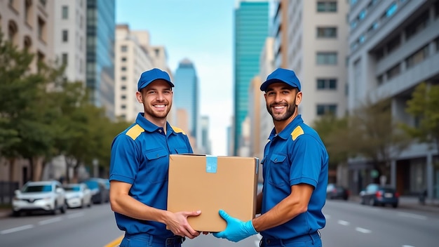 Photo two delivery workers smiling while holding a package on a city street