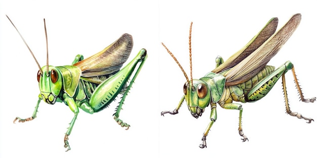 Photo two detailed watercolor illustrations of green grasshoppers