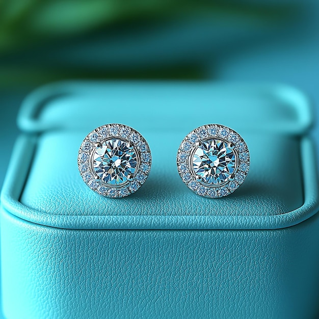 Photo two diamond earrings with a blue background and a green background