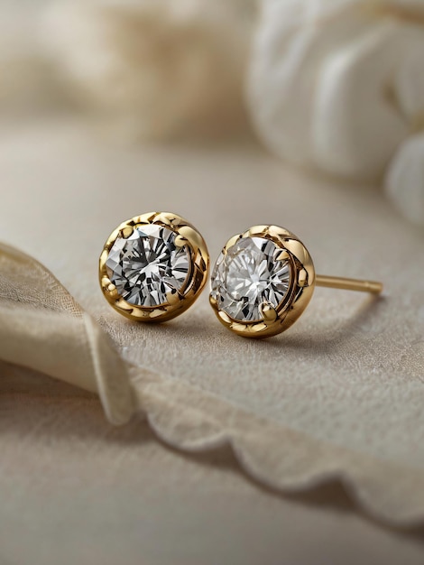 two diamond earrings with a diamond on the top and a gold band