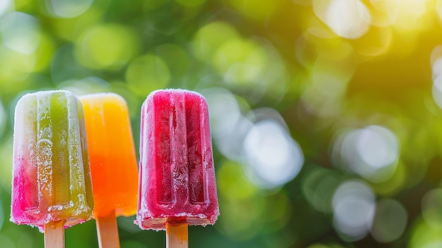 two different colored ice creams are on sticks with the background of trees