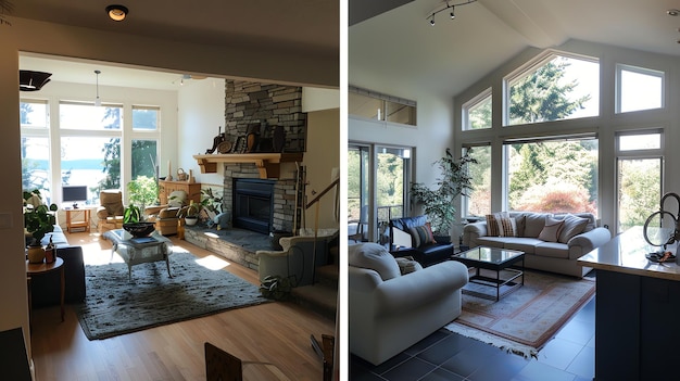 Two different living rooms with large windows offering beautiful views