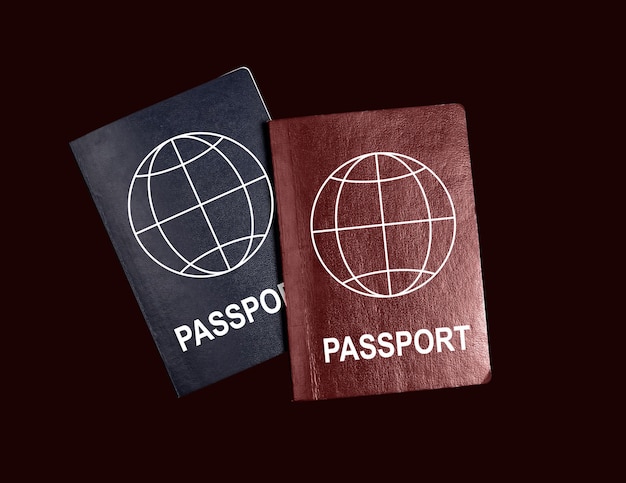 Two different passports top view Abstract citizenship nationality documents of blue and red color