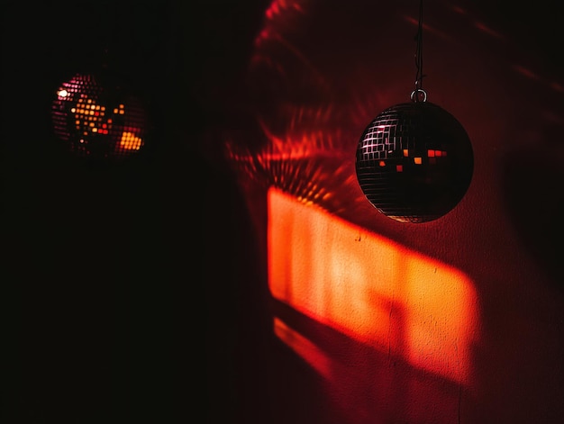 Two disco balls with light reflections create a vibrant atmosphere in a dimly lit space