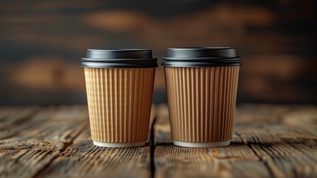 Two Disposable Coffee Cups on a Wooden Table