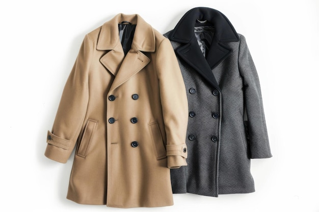 Two distinct peacoats displayed against a light background showcasing varying textures and colors perfect for stylish winter outings