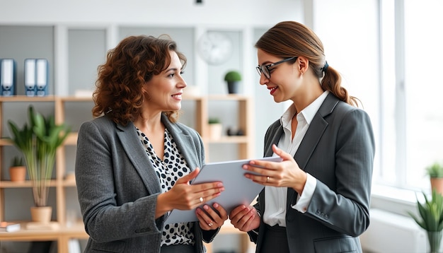 Two diverse female business colleagues discussing creative ideas cooperation at workplace talking in office Mature businesswoman giving professional advice wo younger employee