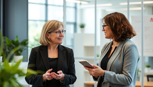 Two diverse female business colleagues discussing creative ideas cooperation at workplace talking in office Mature businesswoman giving professional advice wo younger employee