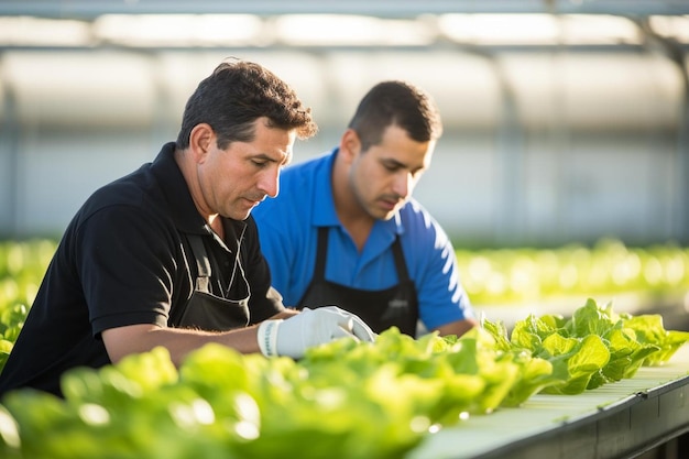 Two diverse greenhouse workers standing between rows of lettuce crops inspecting plants for damage