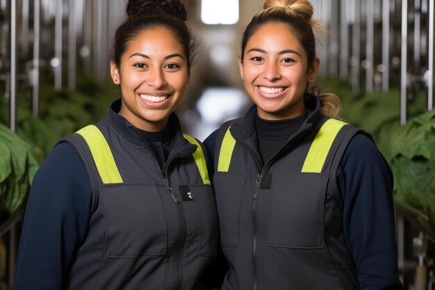 Two diverse greenhouse workers standing between rows of lettuce crops inspecting plants for damage