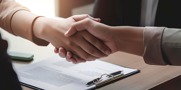 Two diverse professional business men executive leaders shaking hands at office meeting