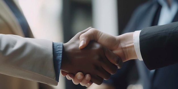 Two diverse professional business men executive leaders shaking hands at office meeting