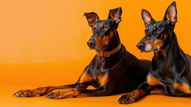 Two Dobermans Resting on Orange Background